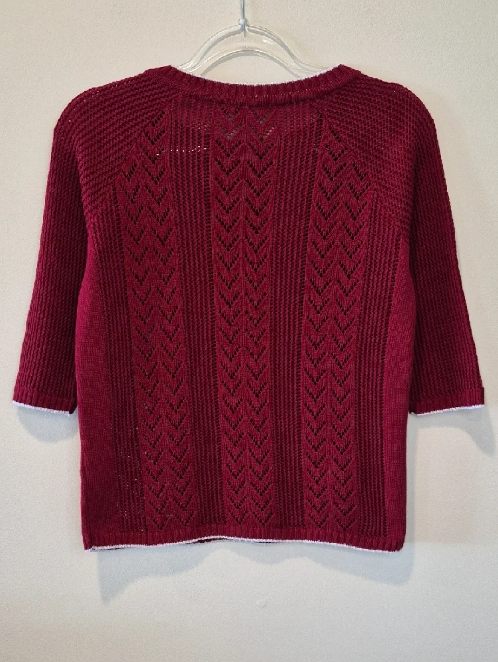 REBECCA Burgundy Open-Weave Scoop Neck Sweater with White Trim. M/L